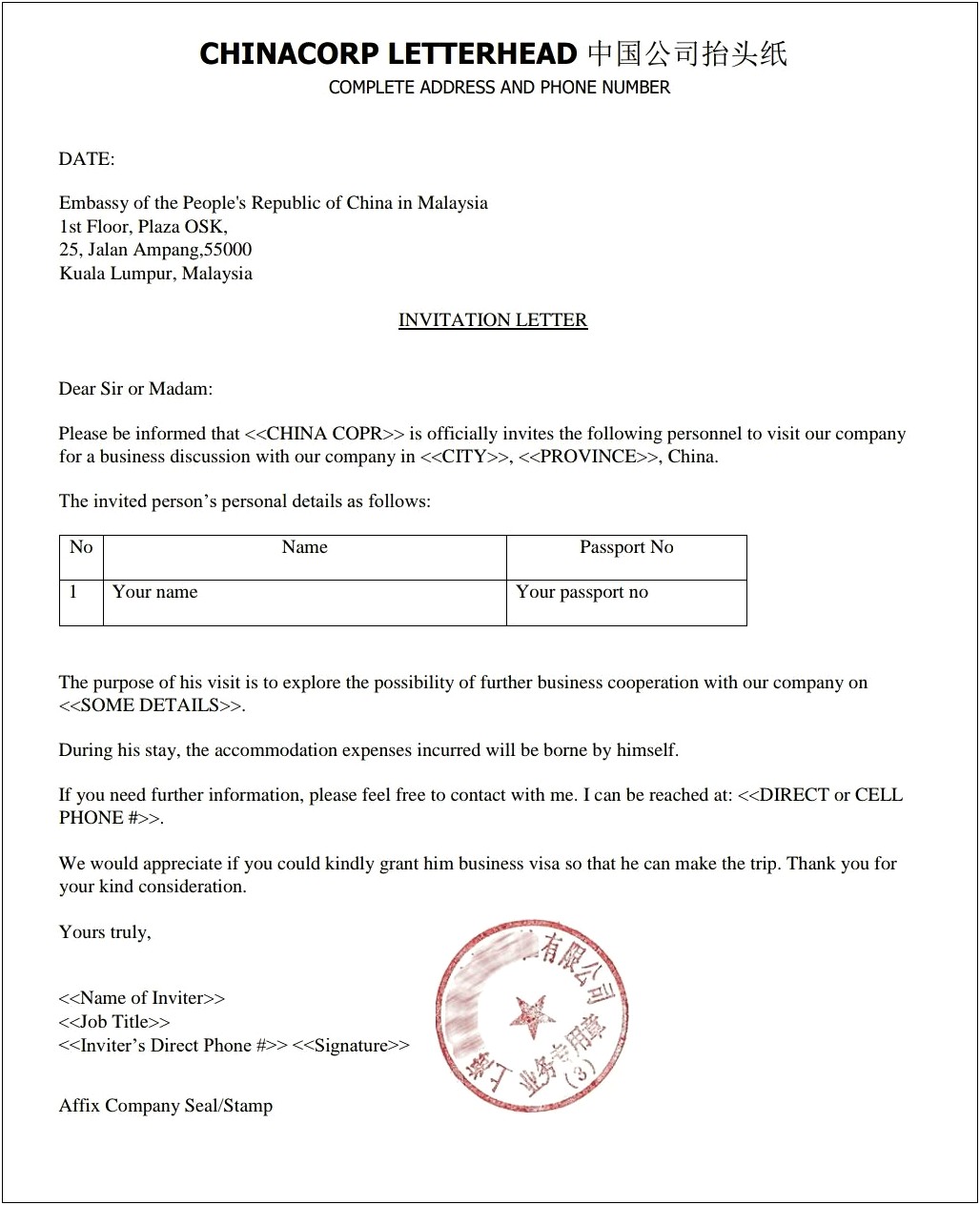 Business Cover Letter For Business Visa China Template