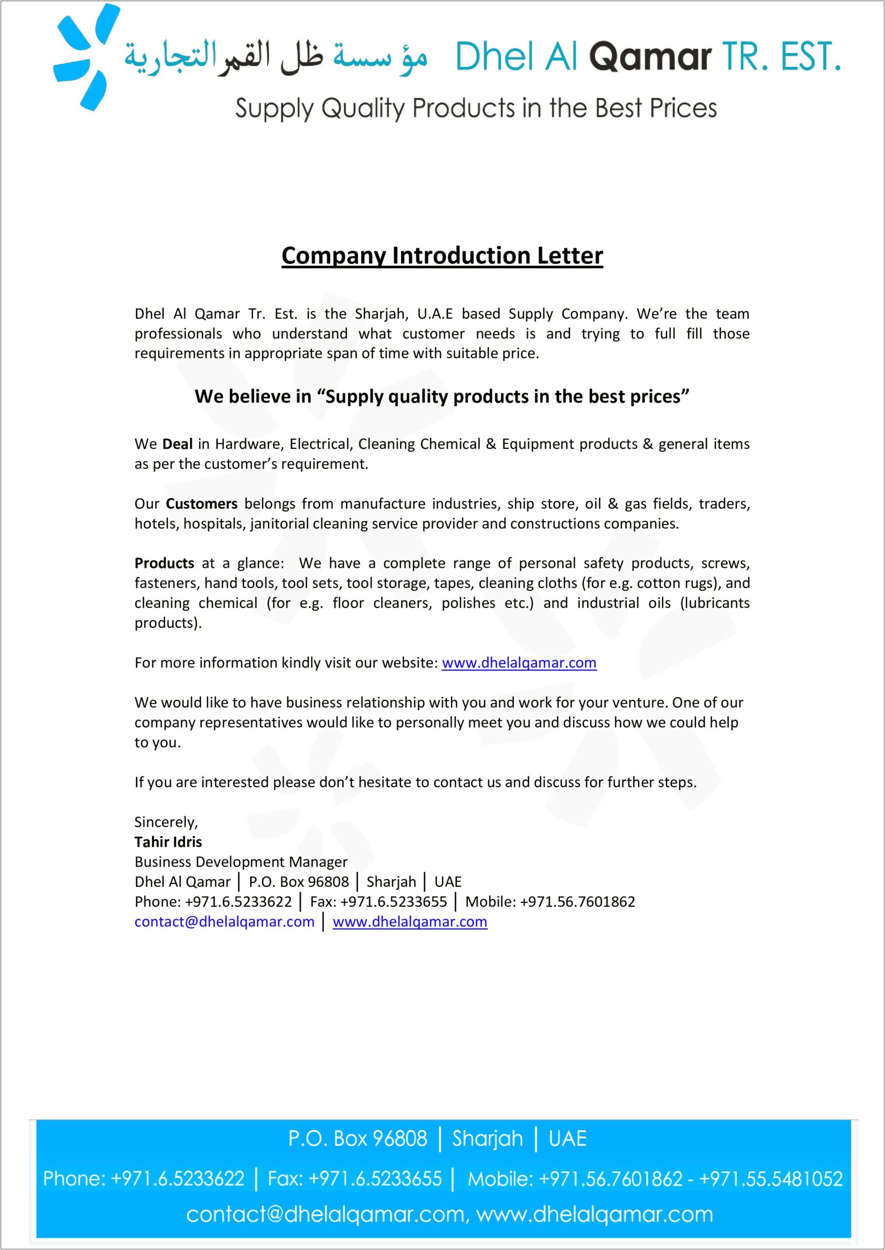Business Development Letter Of Introduction Template