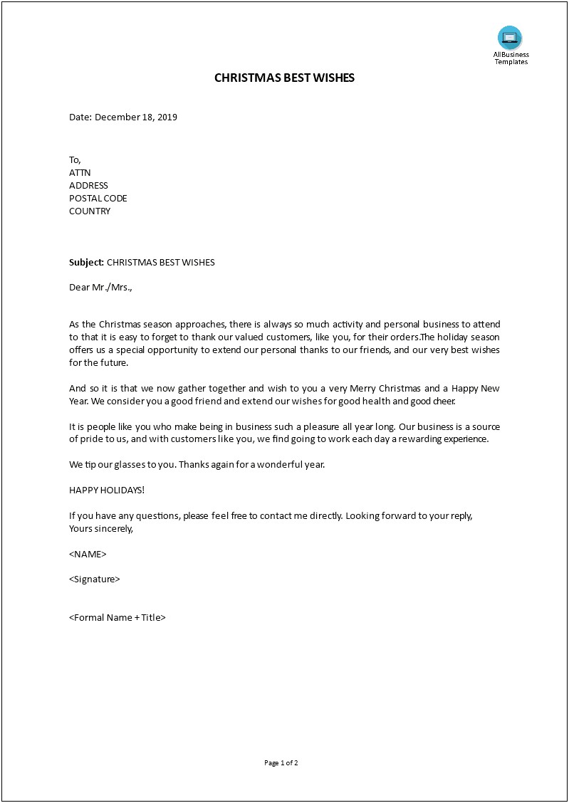 Business Holiday Letter Template To Customers