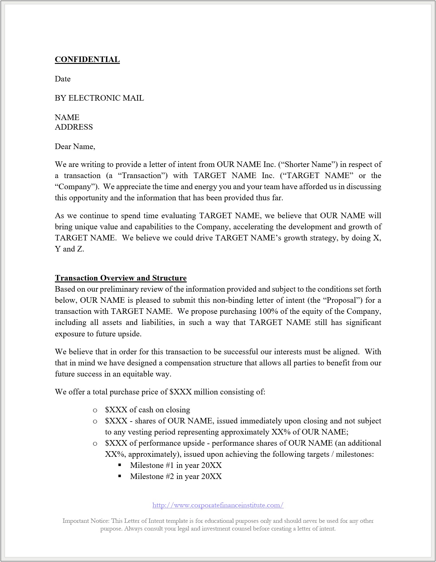 Business Letter Of Intent Sample Template