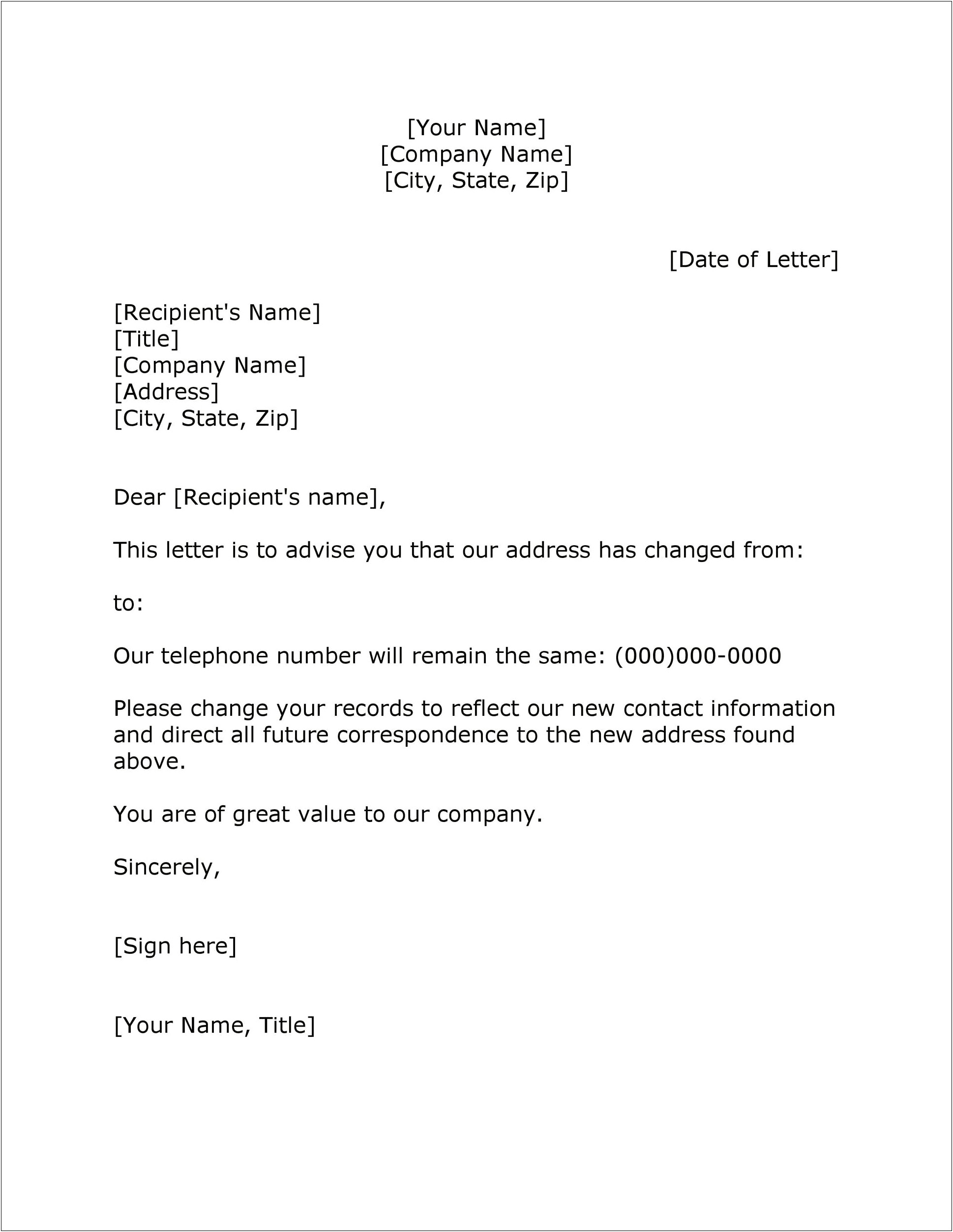 Business Letter Template For Changeof Address