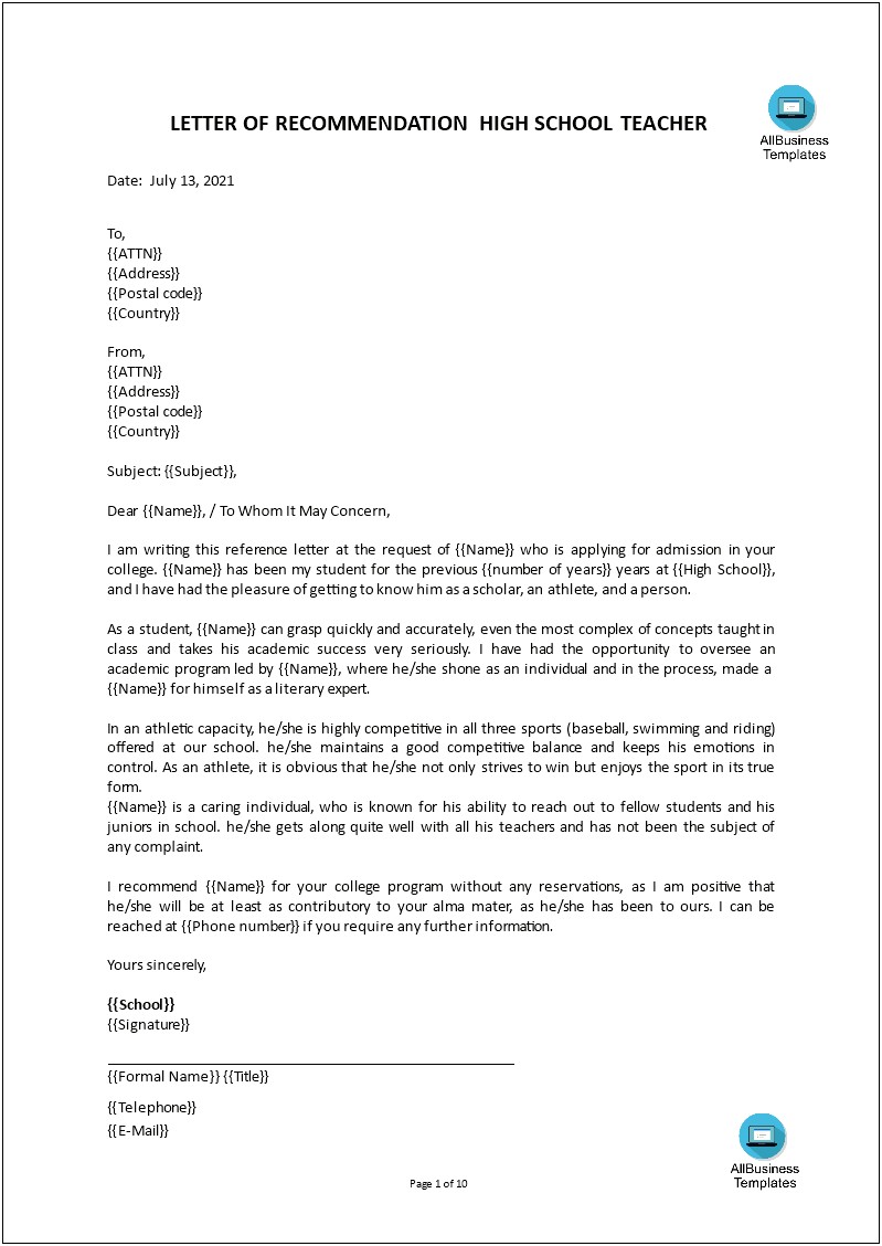 Business Letter Template For Middle School Students