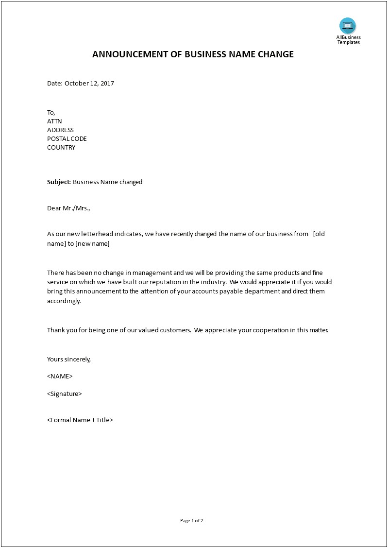 Business Name Change Acquistion Letter Template