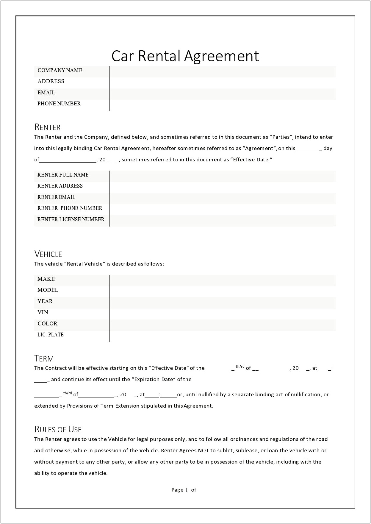 Business Plan For Rental Car Company Template