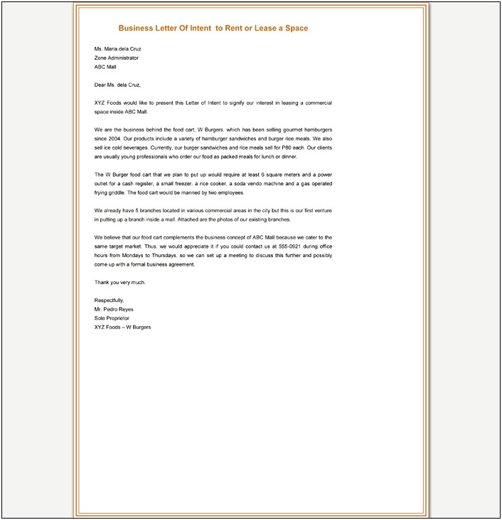 Business Plan Letter Of Intent Template