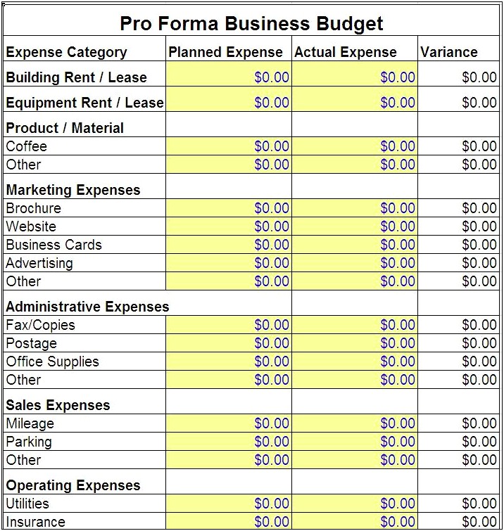 Business Plan Pro Forma Template Excel