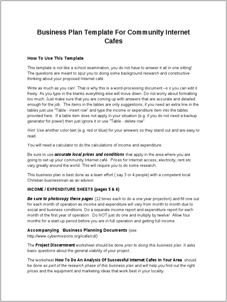 Business Plan Template For An Internet Cafe