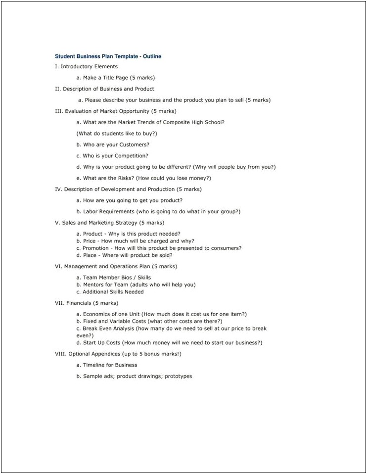 Business Plan Template For High School Students