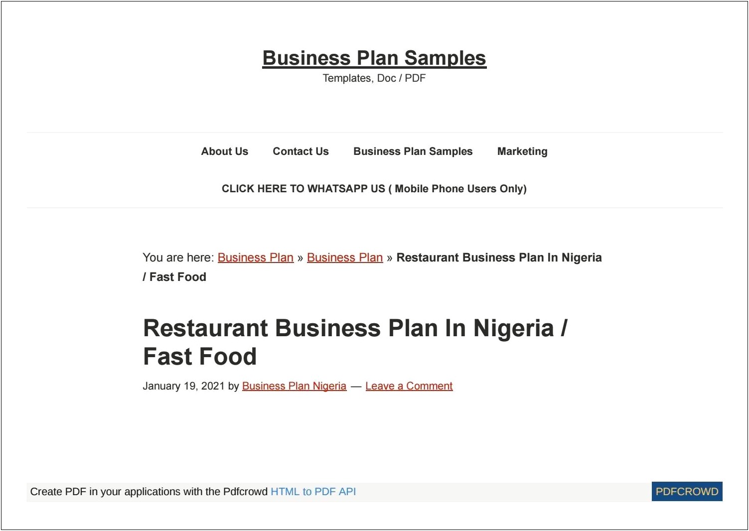 Business Plan Template For Restaurant Pdf