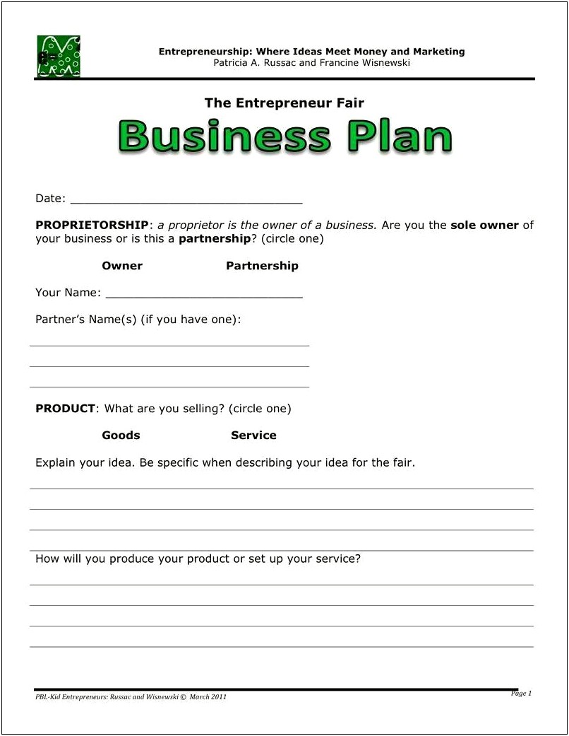 Business Plan Template For Young Entrepreneurs