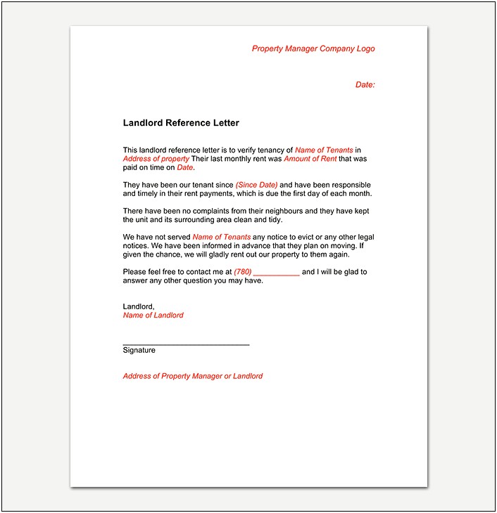 Business Reference Letter For Landlord Template