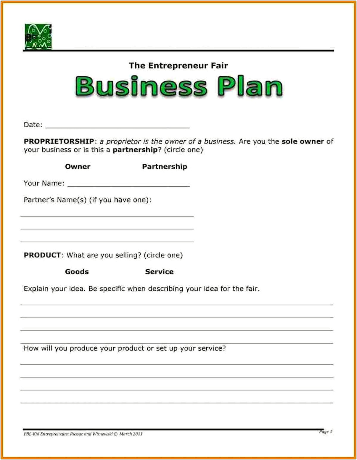 Business Sole Proprietor Template Buisness Plan