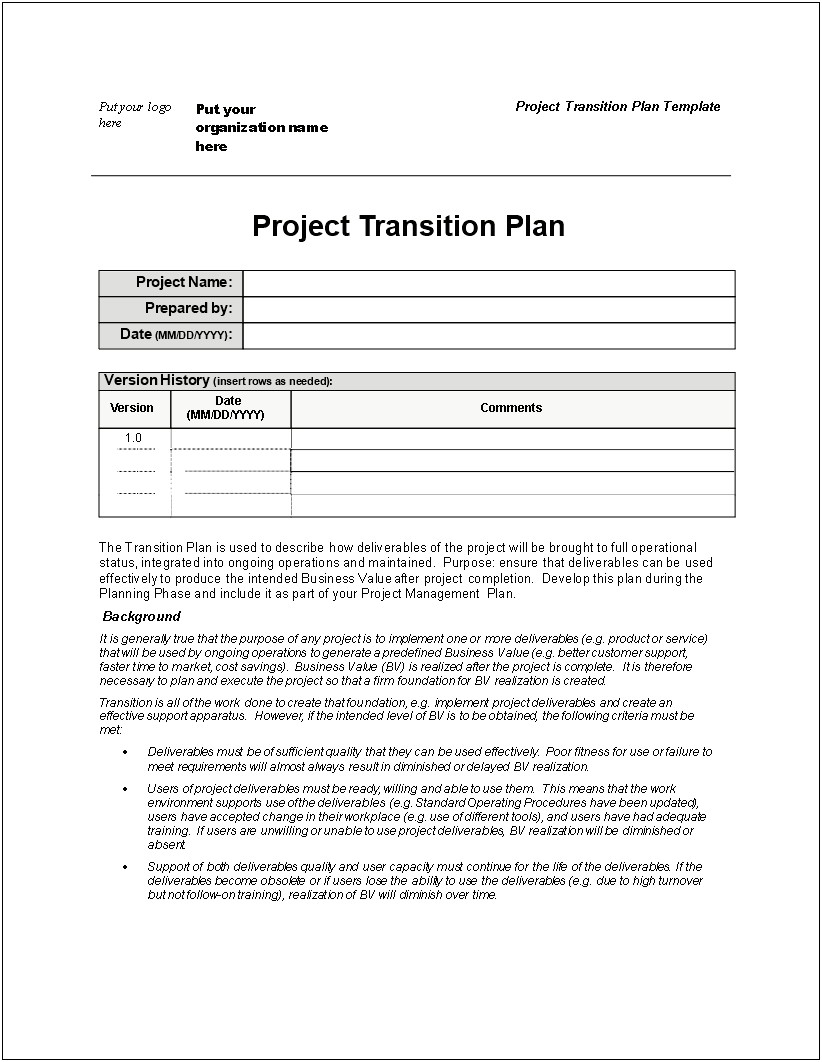 Business Transition Project Action Plan Template