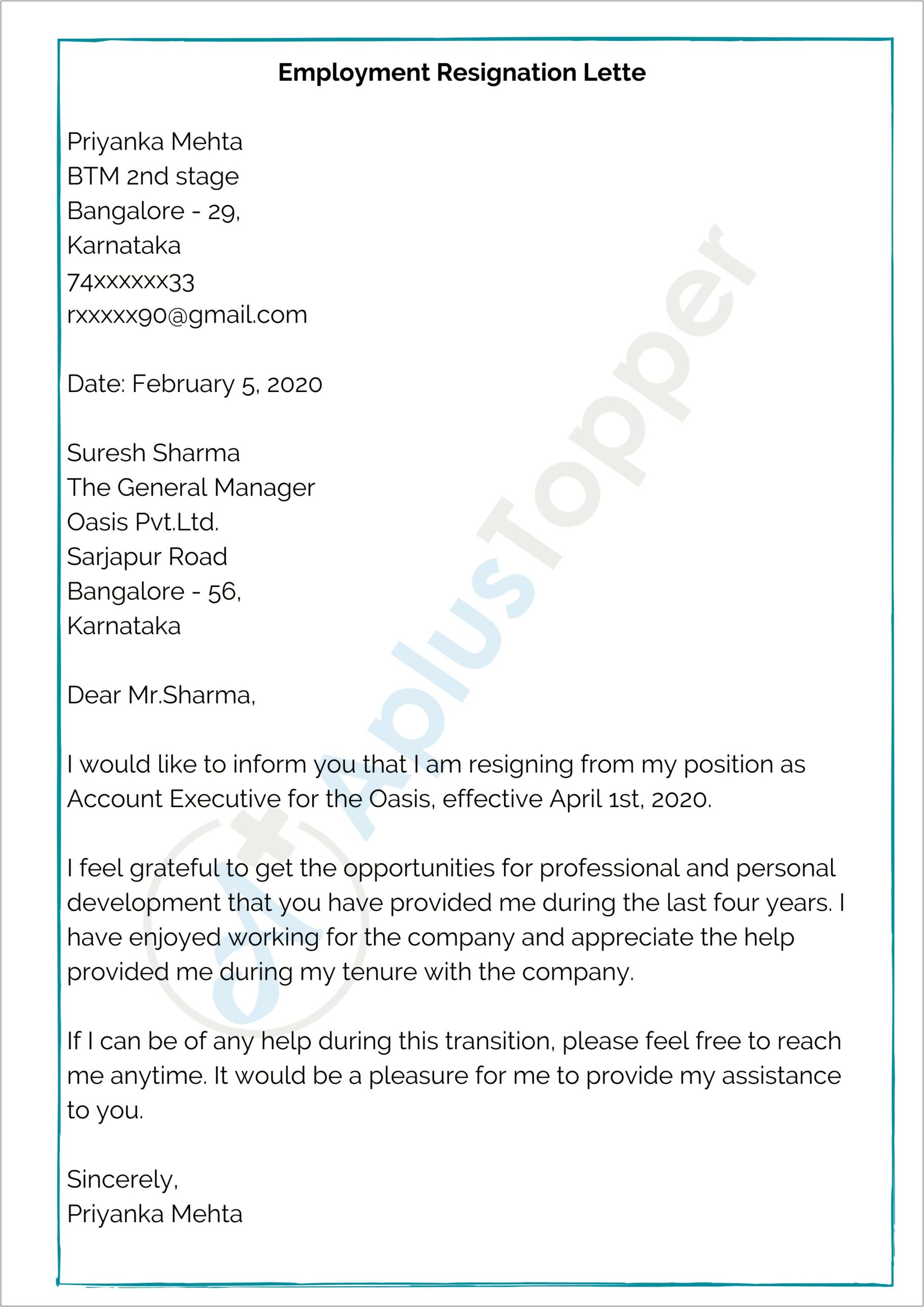 Business Writing Professional Resignation Letter Template