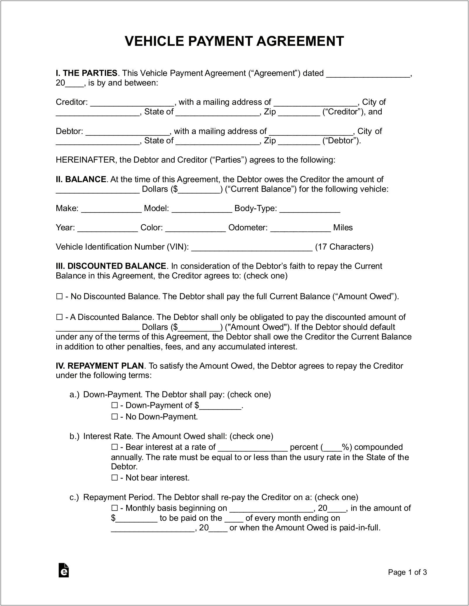 Car Bill Of Sale With Payment Plan Template