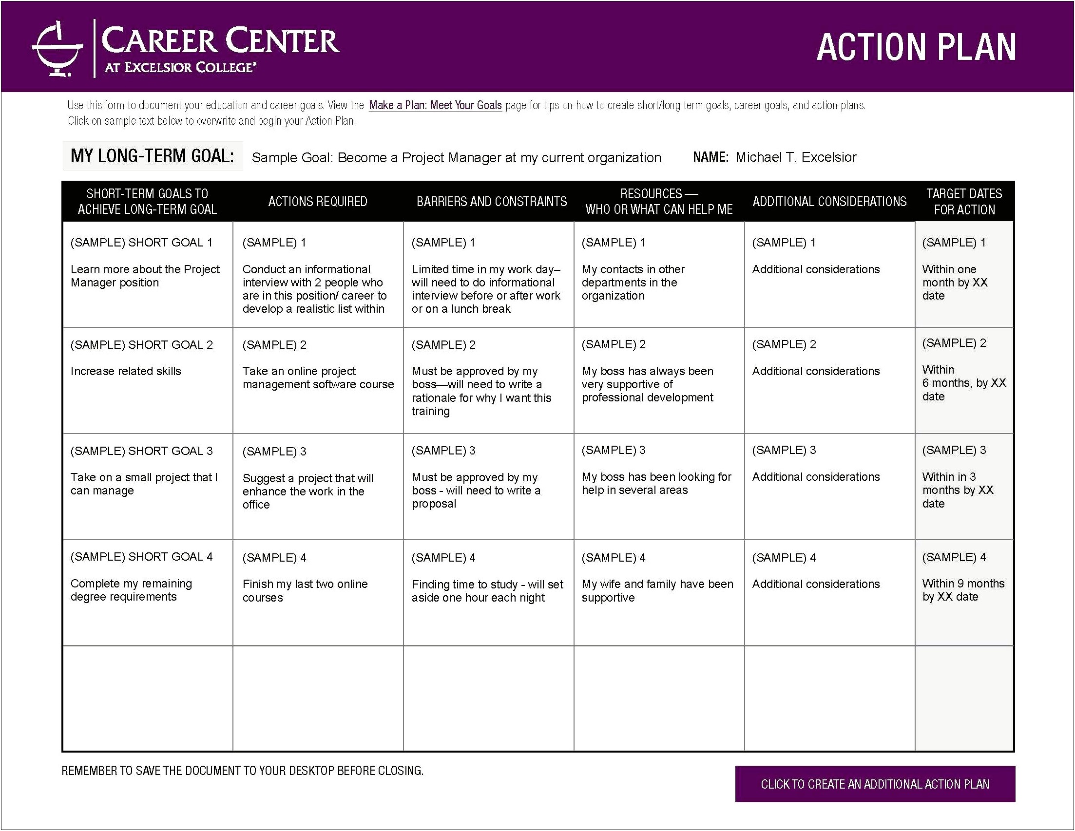 Career Action Plan Template For Students