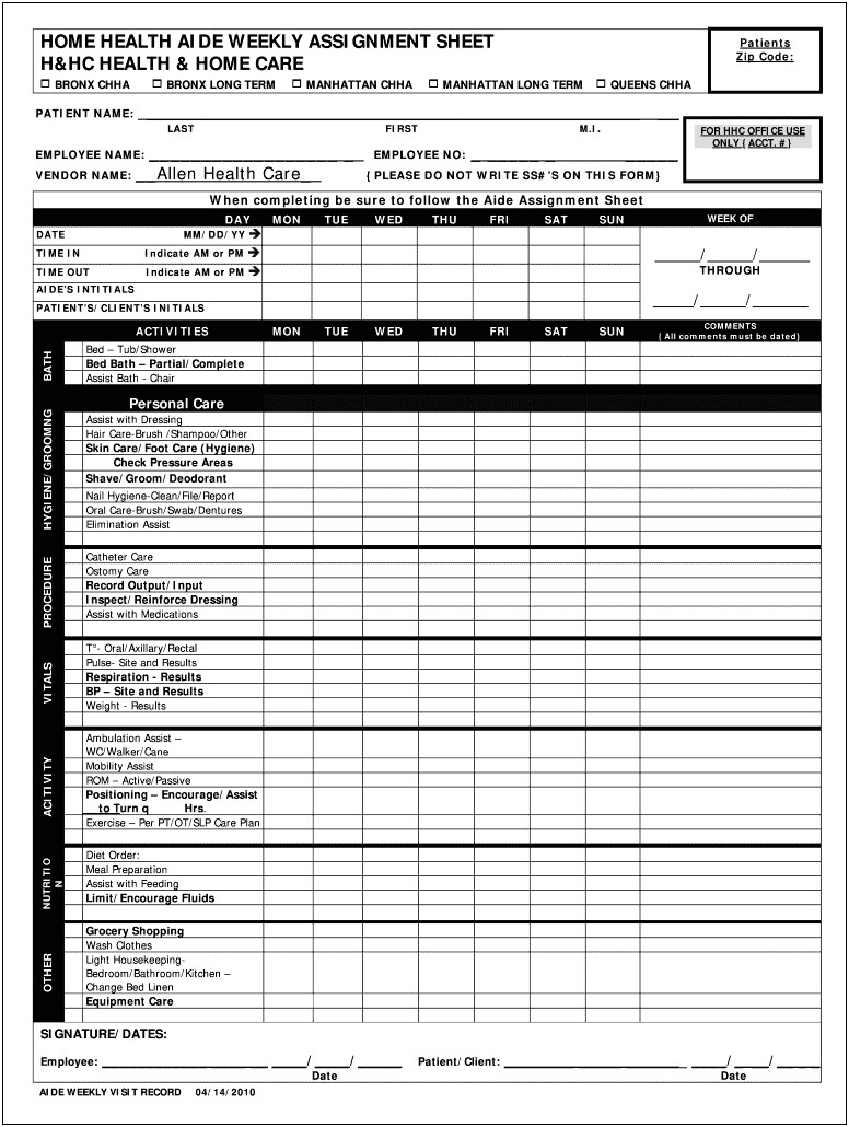 Caregiver Home Health Aide Care Plan Template