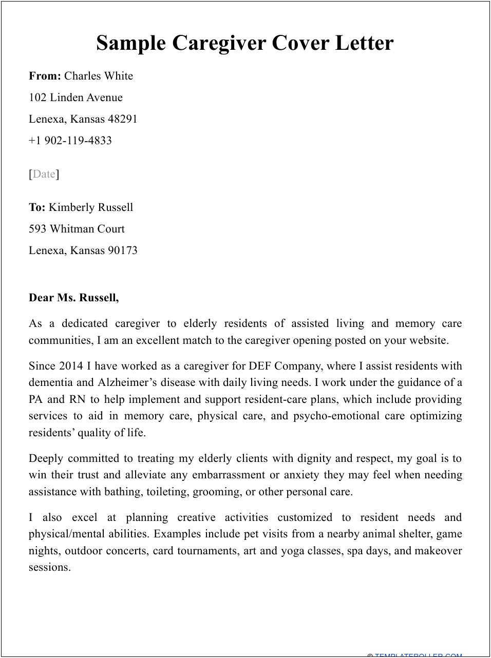 Caregiver Letter To Prove Resindecy Template