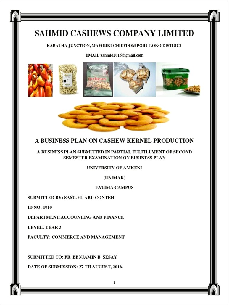 Cashew Nut Processing Business Plan Template