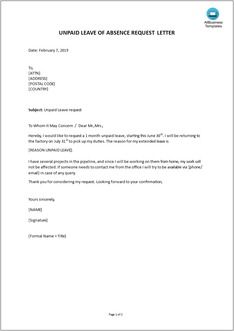 Cashing Out Annual Leave Letter Template