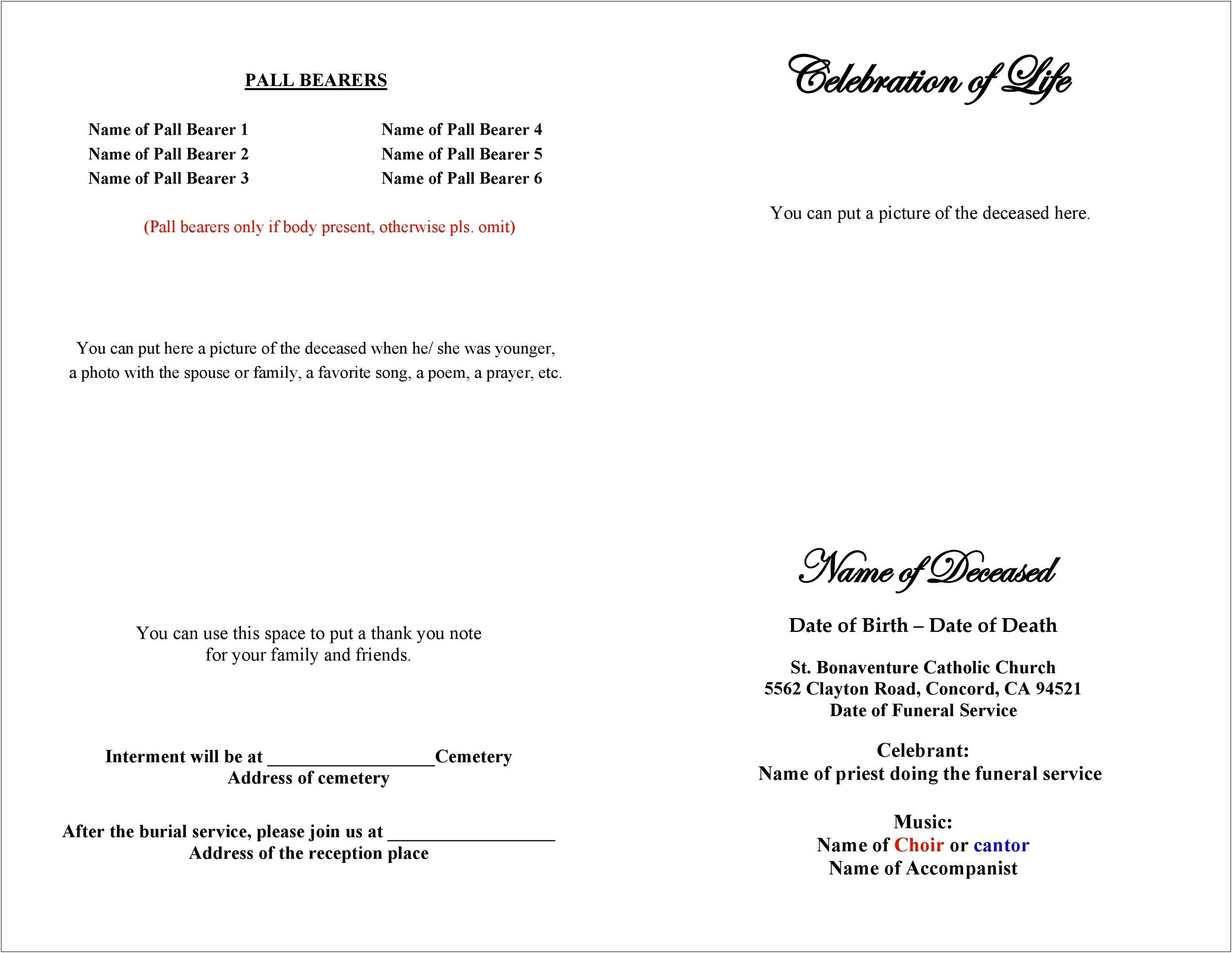 Catholic Church Funeral Planning Template For Priests