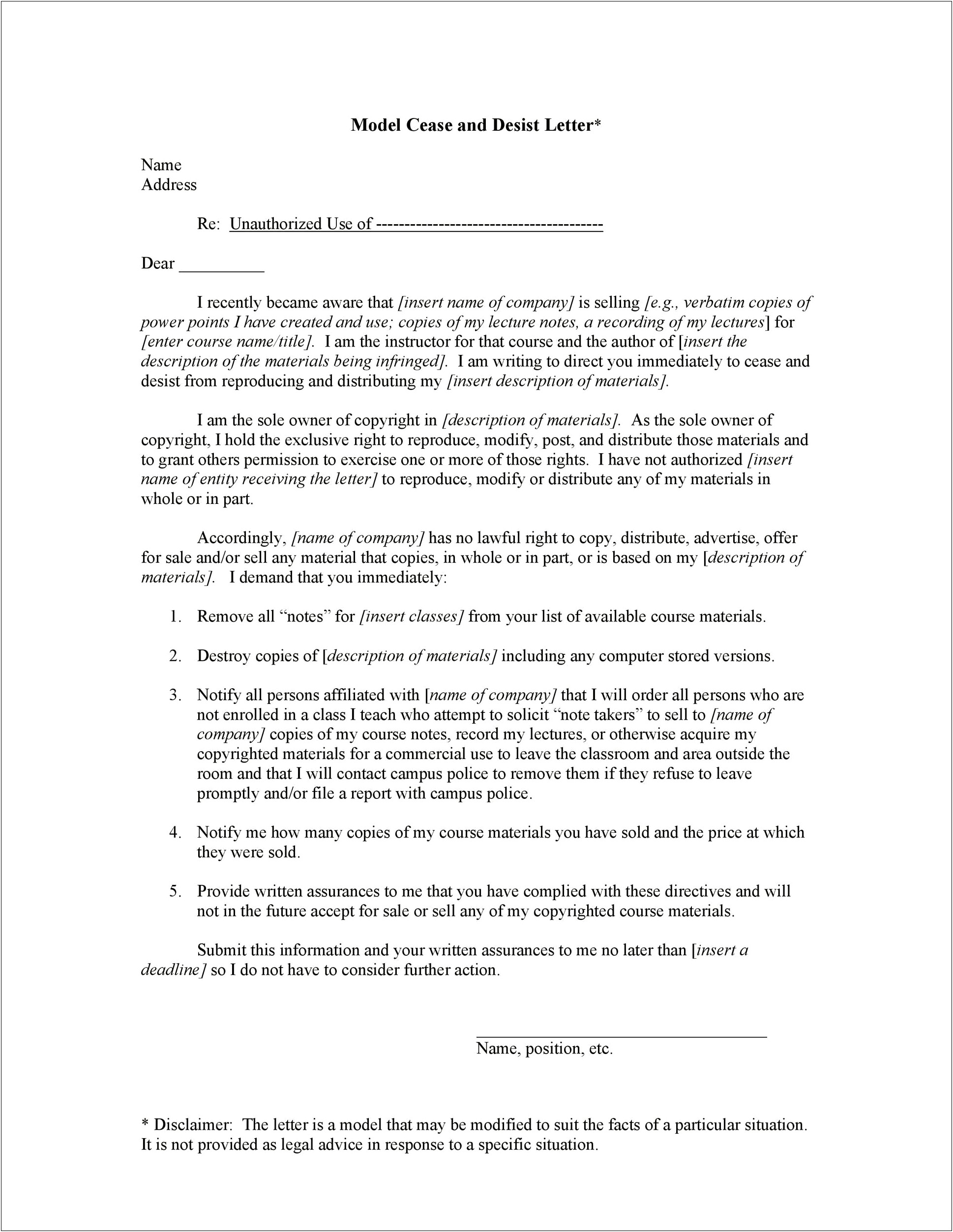 Cease And Desist Advertising Letter Template