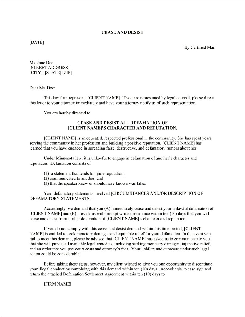 Cease And Desist Communication Letter Template