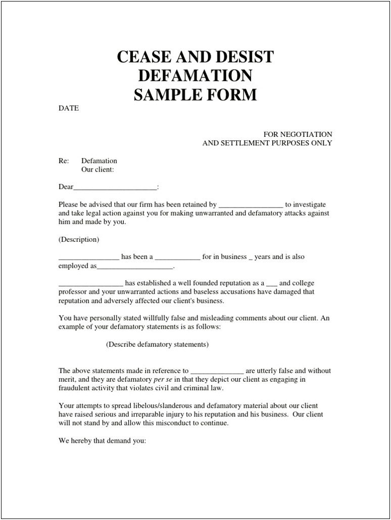 Cease And Desist Defamation Letter Template