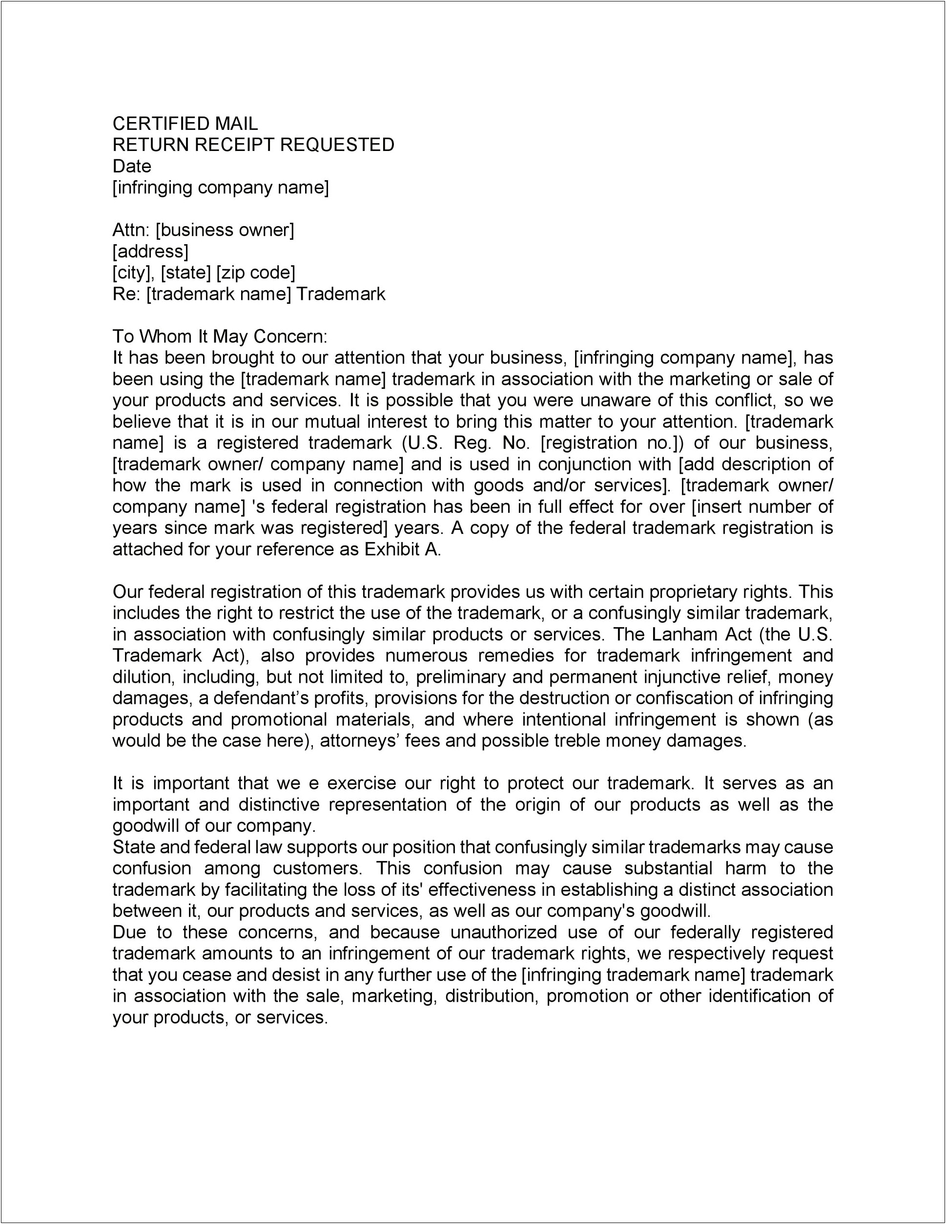 Cease And Desist Demand Letter Template