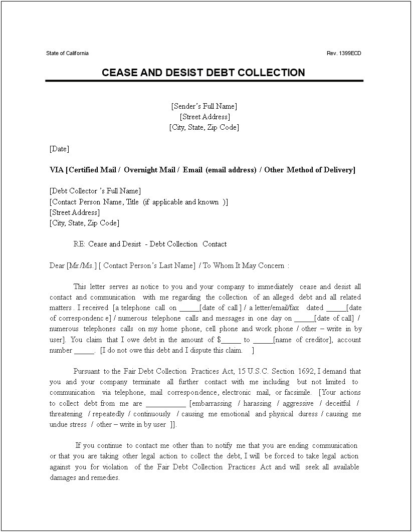Cease And Desist Legal Letter Template