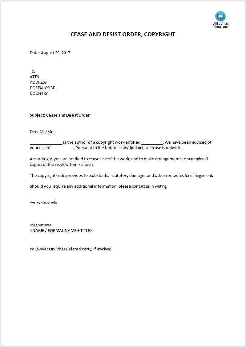 Cease And Desist Template Letter For Ontario Residents