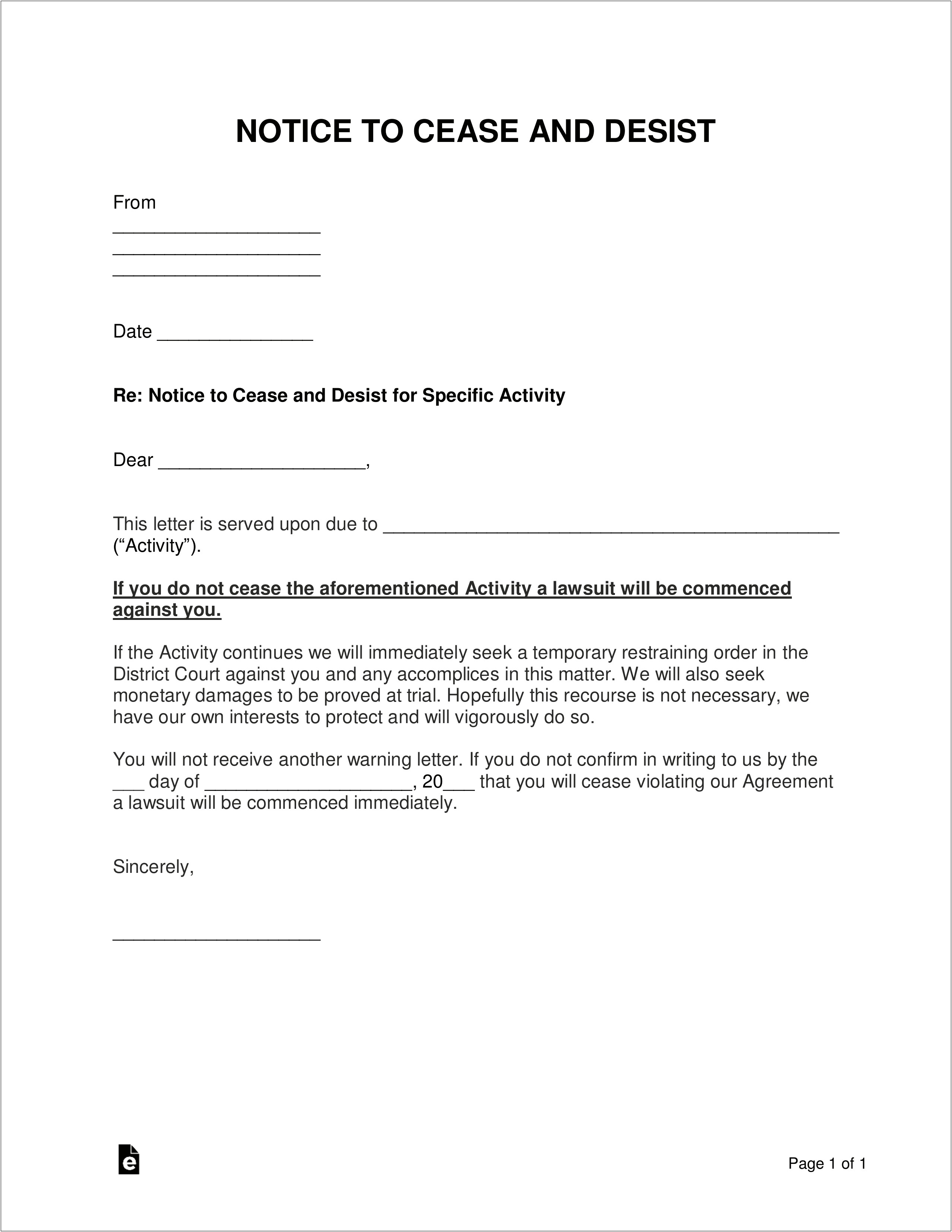 Cease And Desist Trademark Letter Template