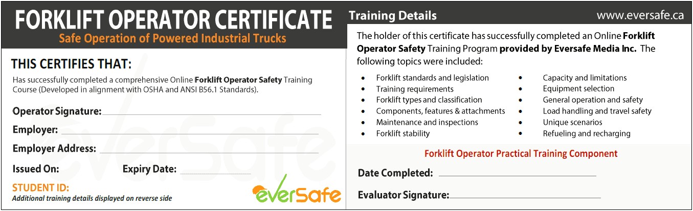 Certified Forklift Operator Wallet Card Template