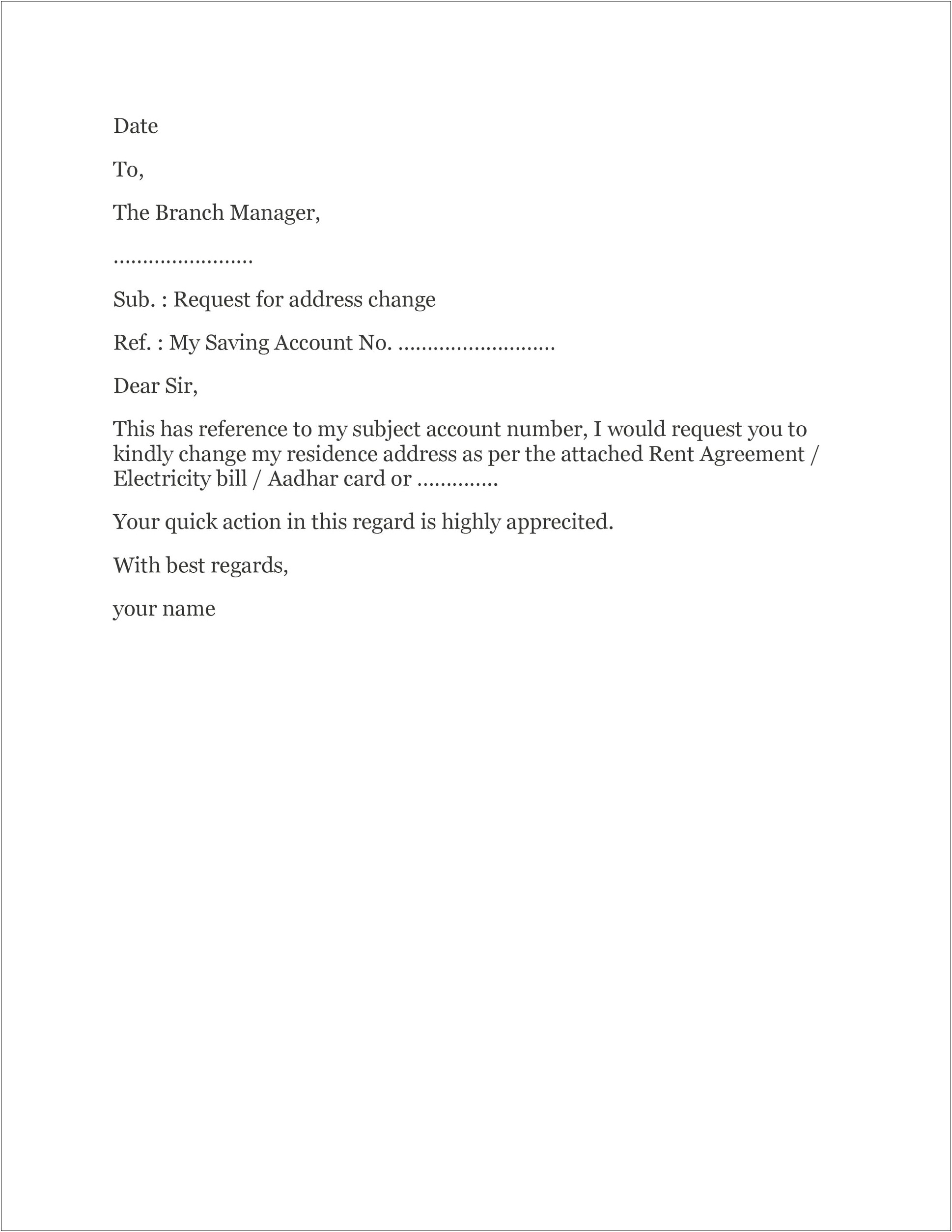 Change Of Address Letter To Bank Template Uk