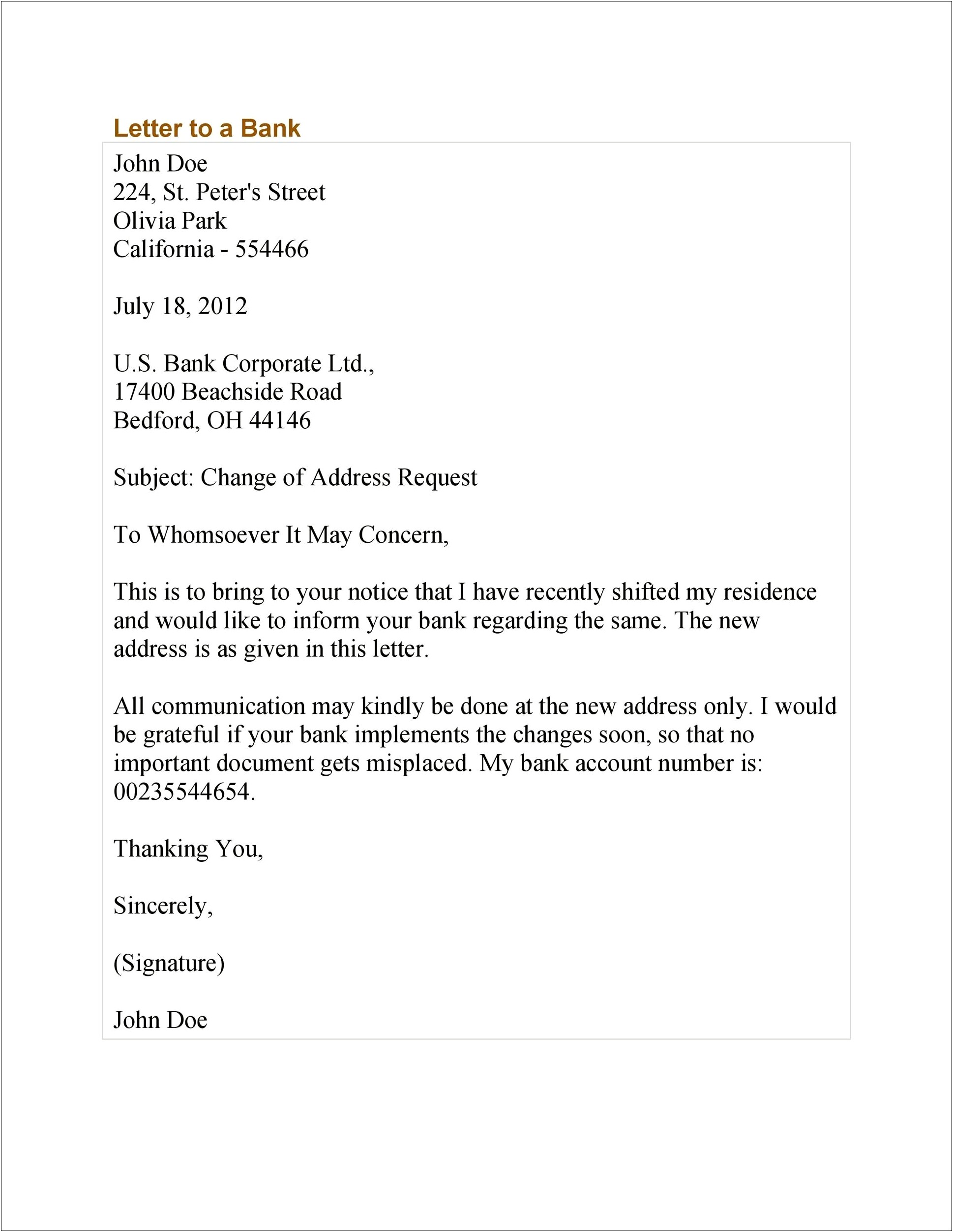 Change Of Address Letter To Bank Template