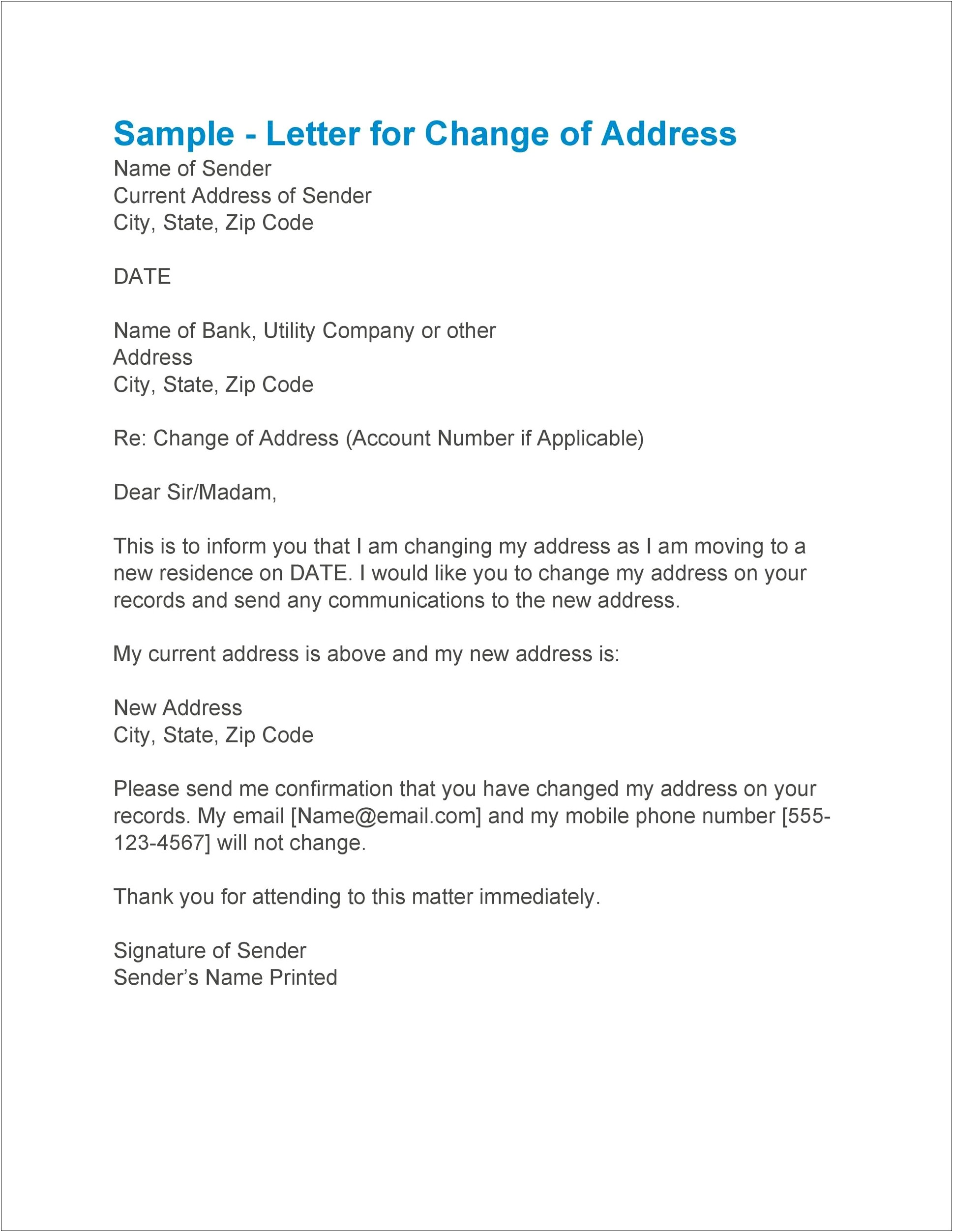 Change Of Address Letter To Customers Template
