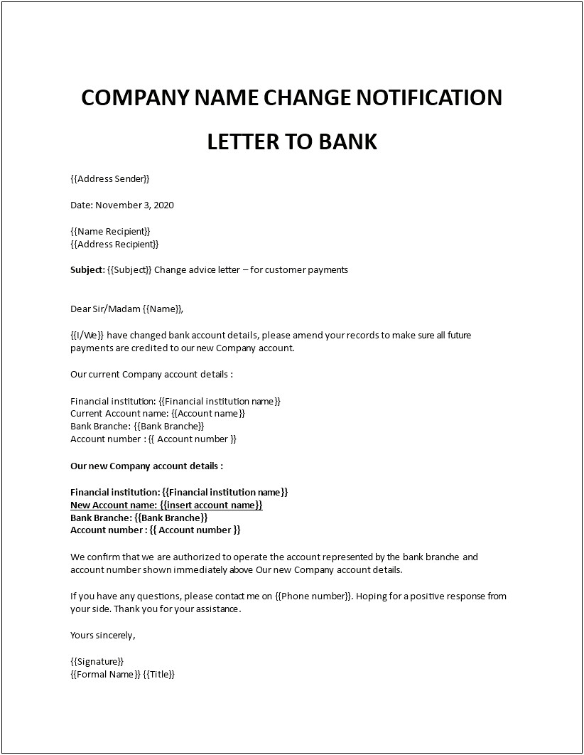 Change Of Bank Account Details Letter Template