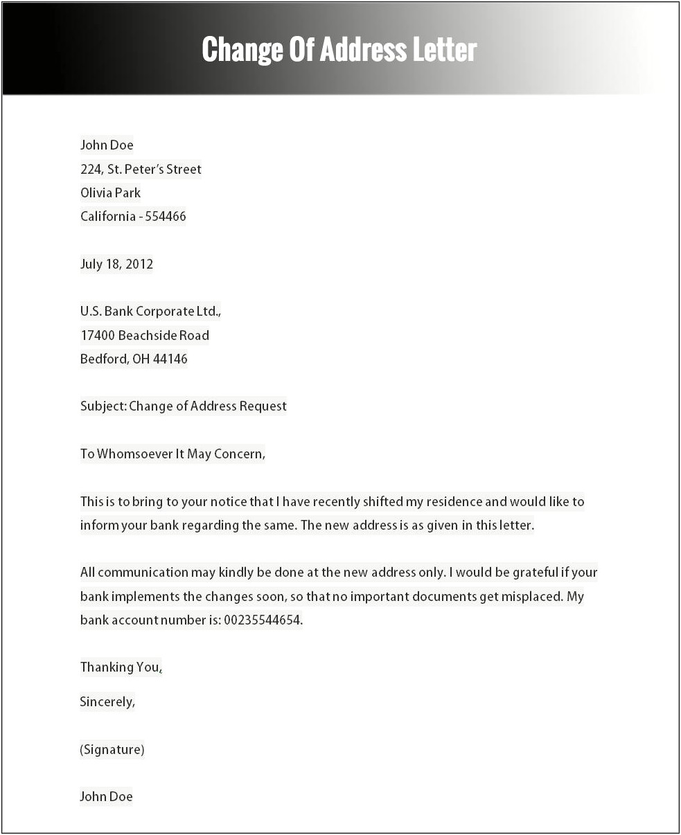 Change Of Bank Details Template Letter