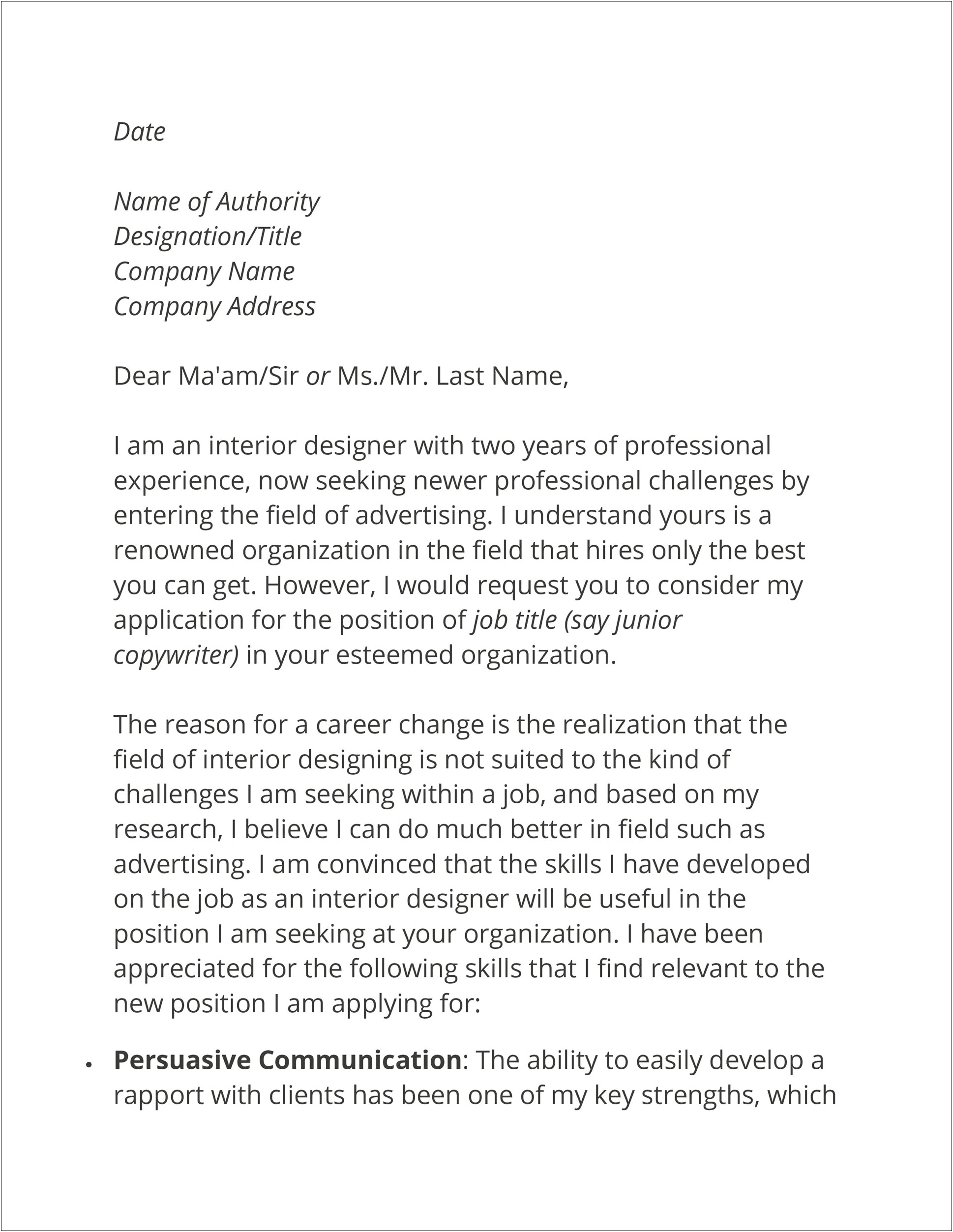 Change Of Career Letter To Past Clients Template