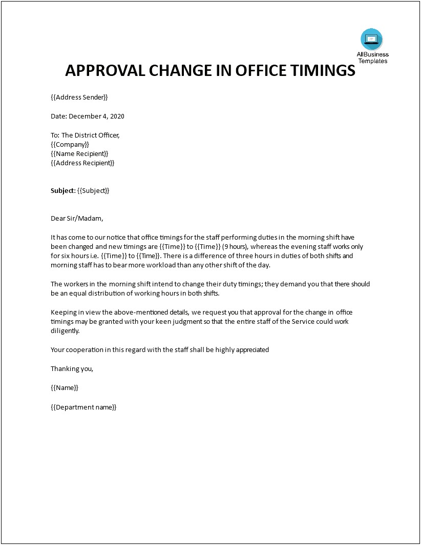 Change Of Contracted Hours Letter Template