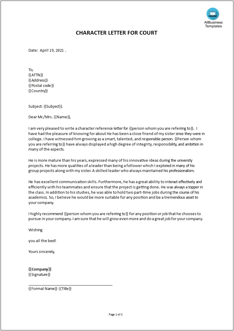 Character Letter Of Recommendation For Court Template