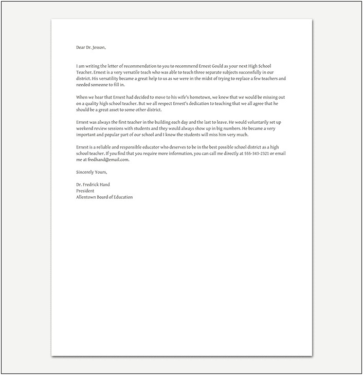 Character Recommendation Letter For High School Student Template