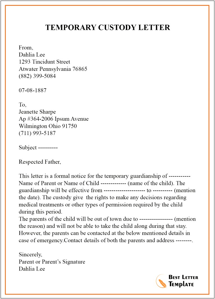 Character Reference Letter Child Custody Template