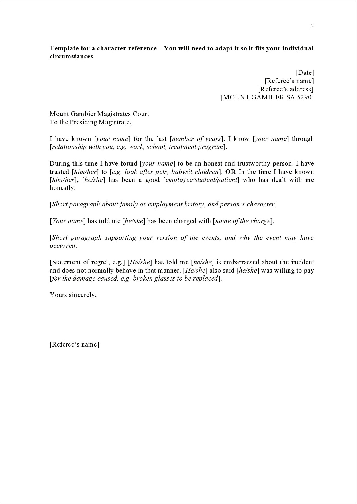 Character Reference Letter Court And Template