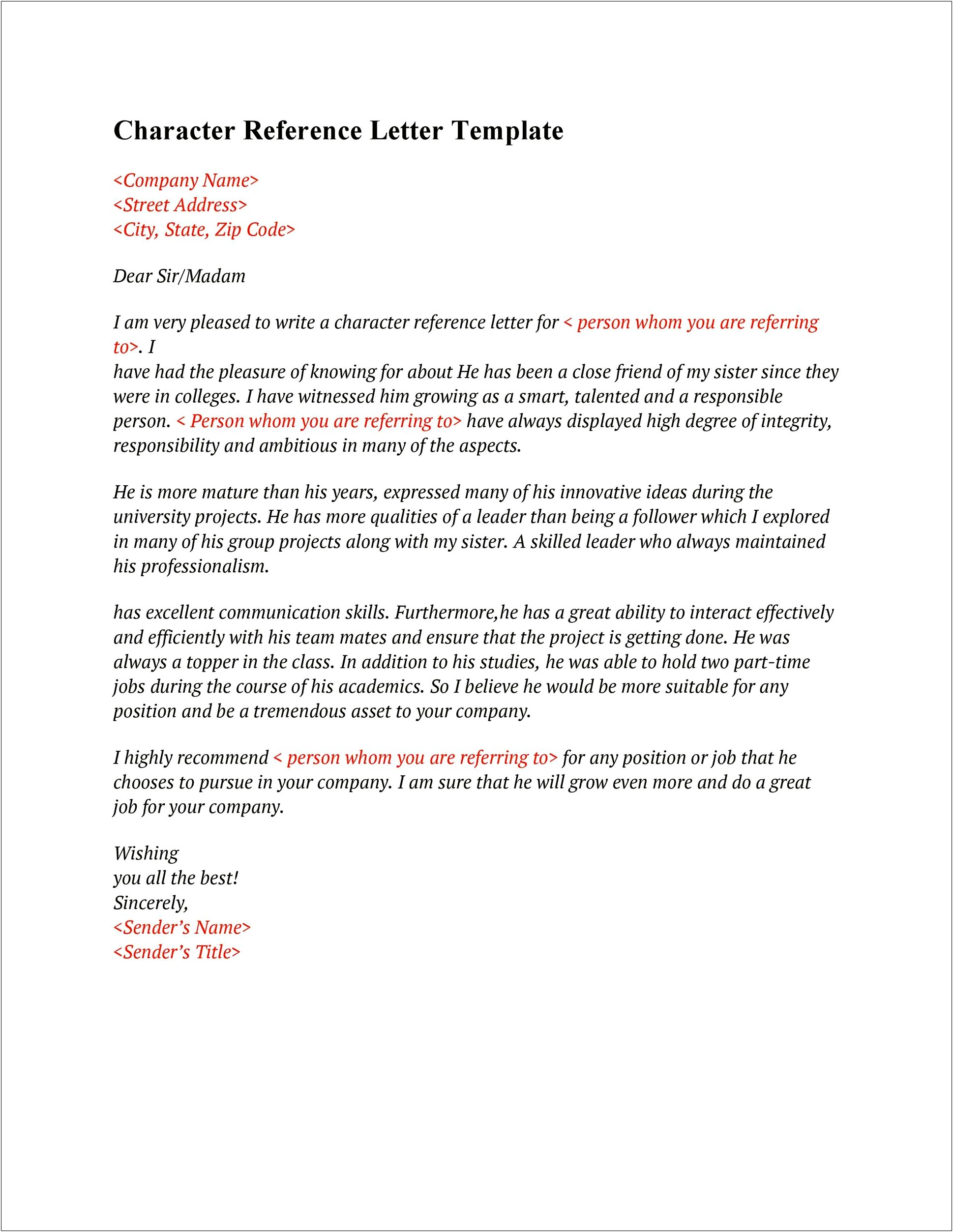 Character Reference Letter For Child Custody Template