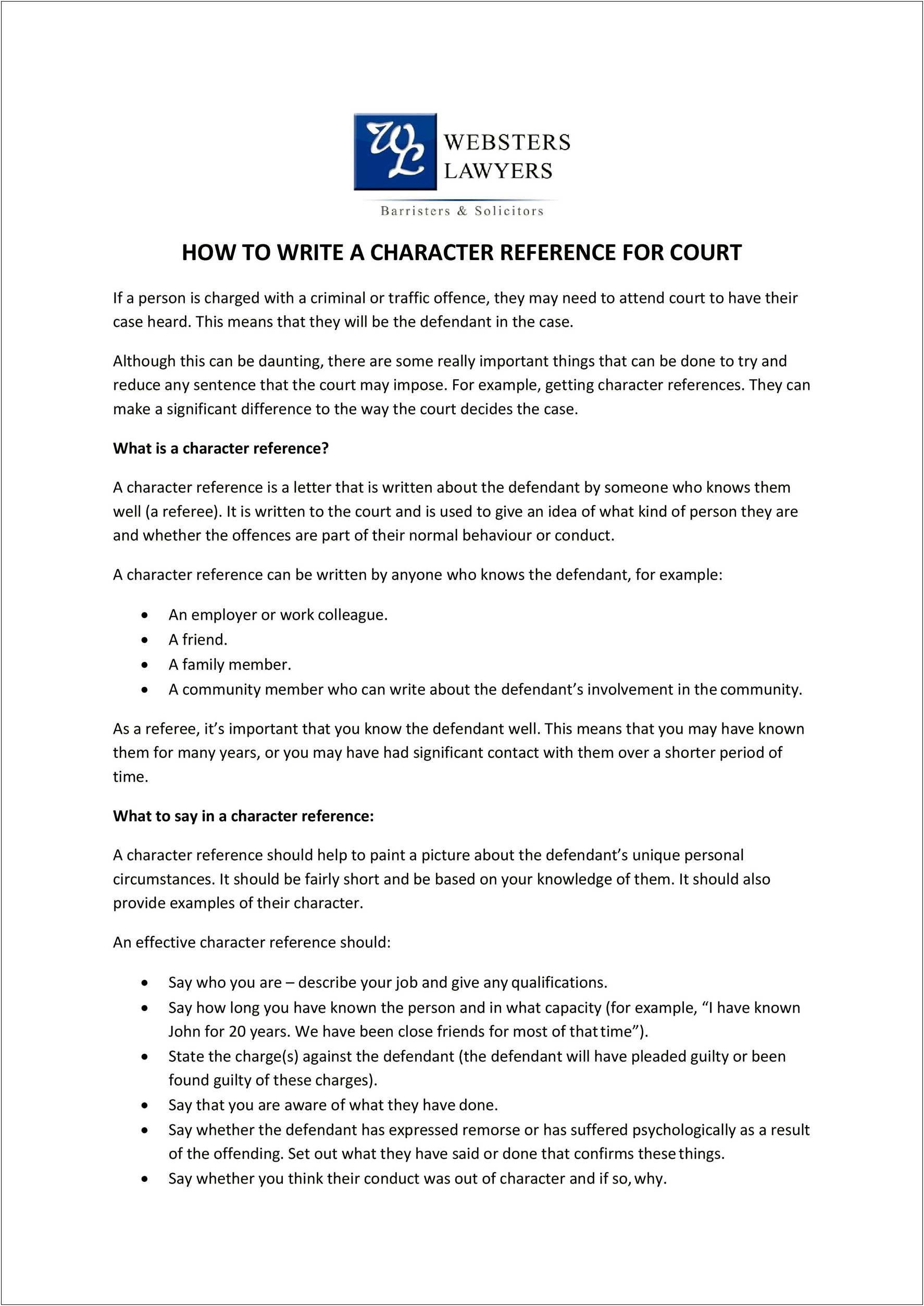 Character Reference Letter For Court Template Australia