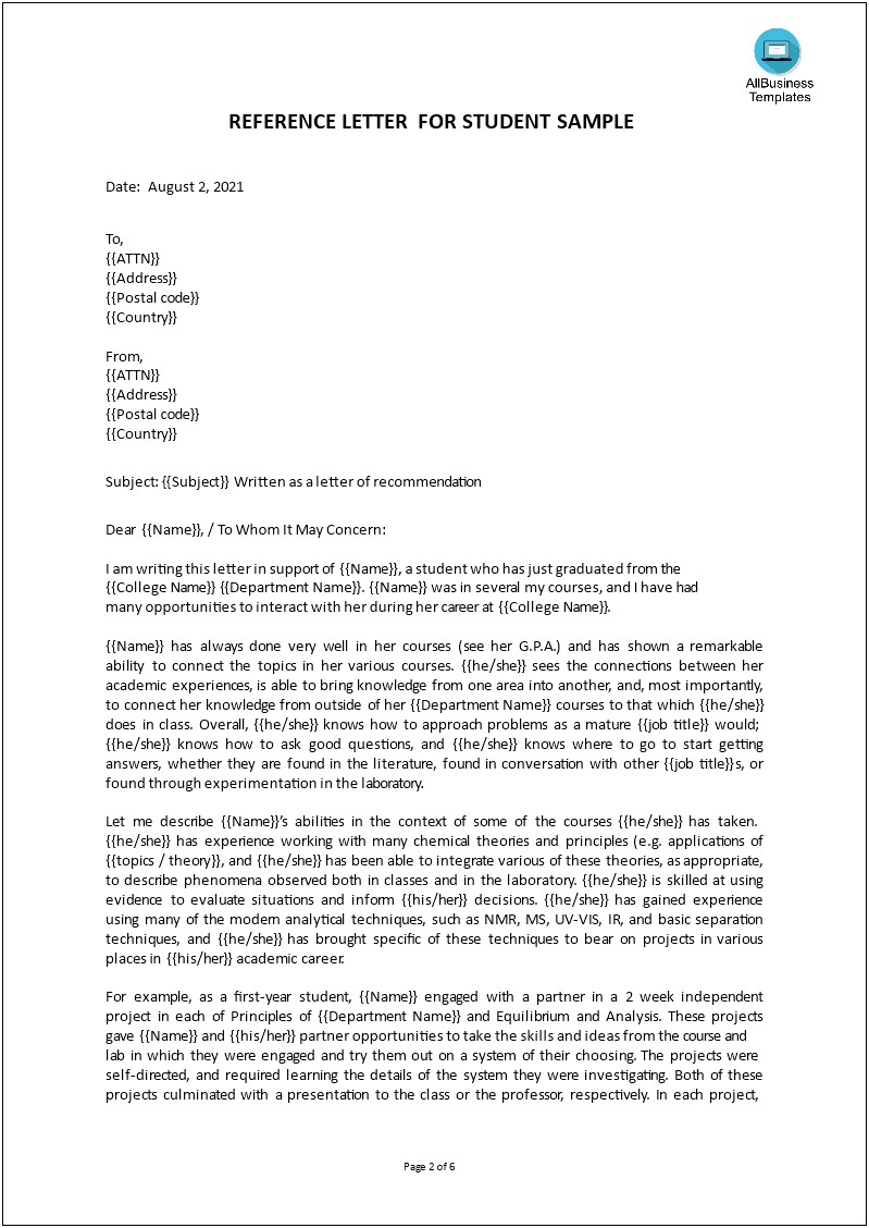 Character Reference Letter For Student Template