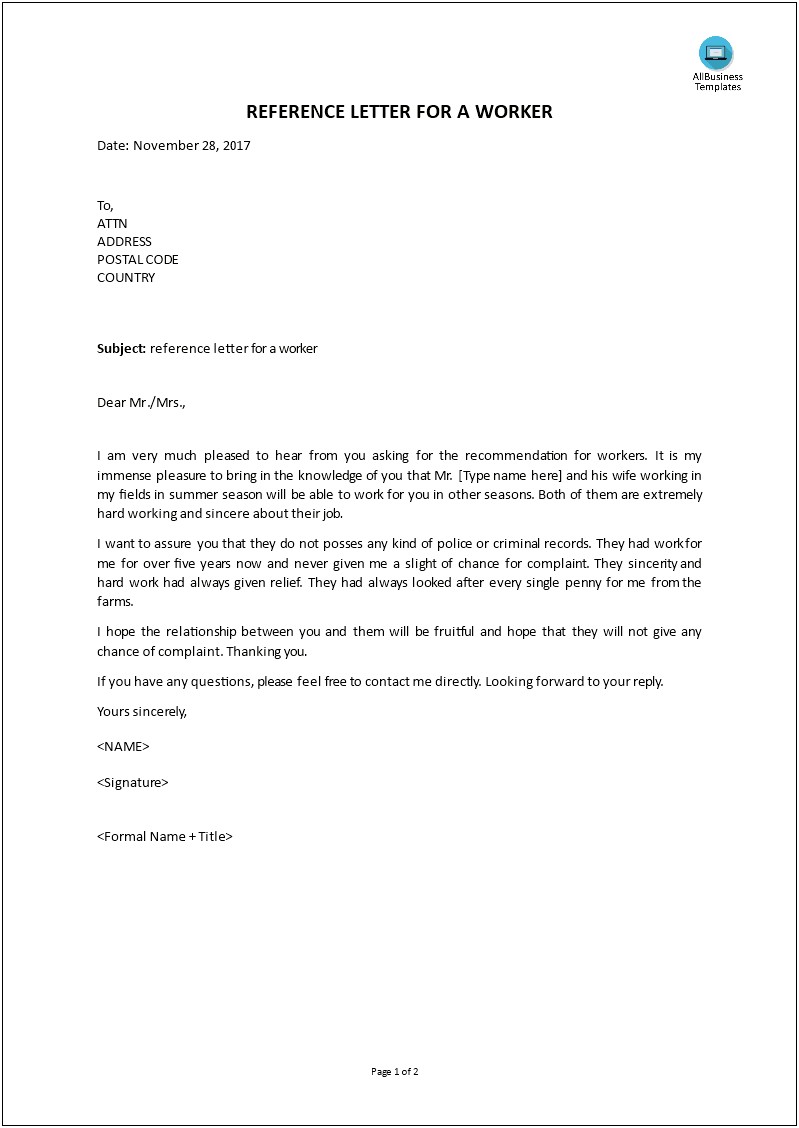 Character Reference Letter For Tenant Template