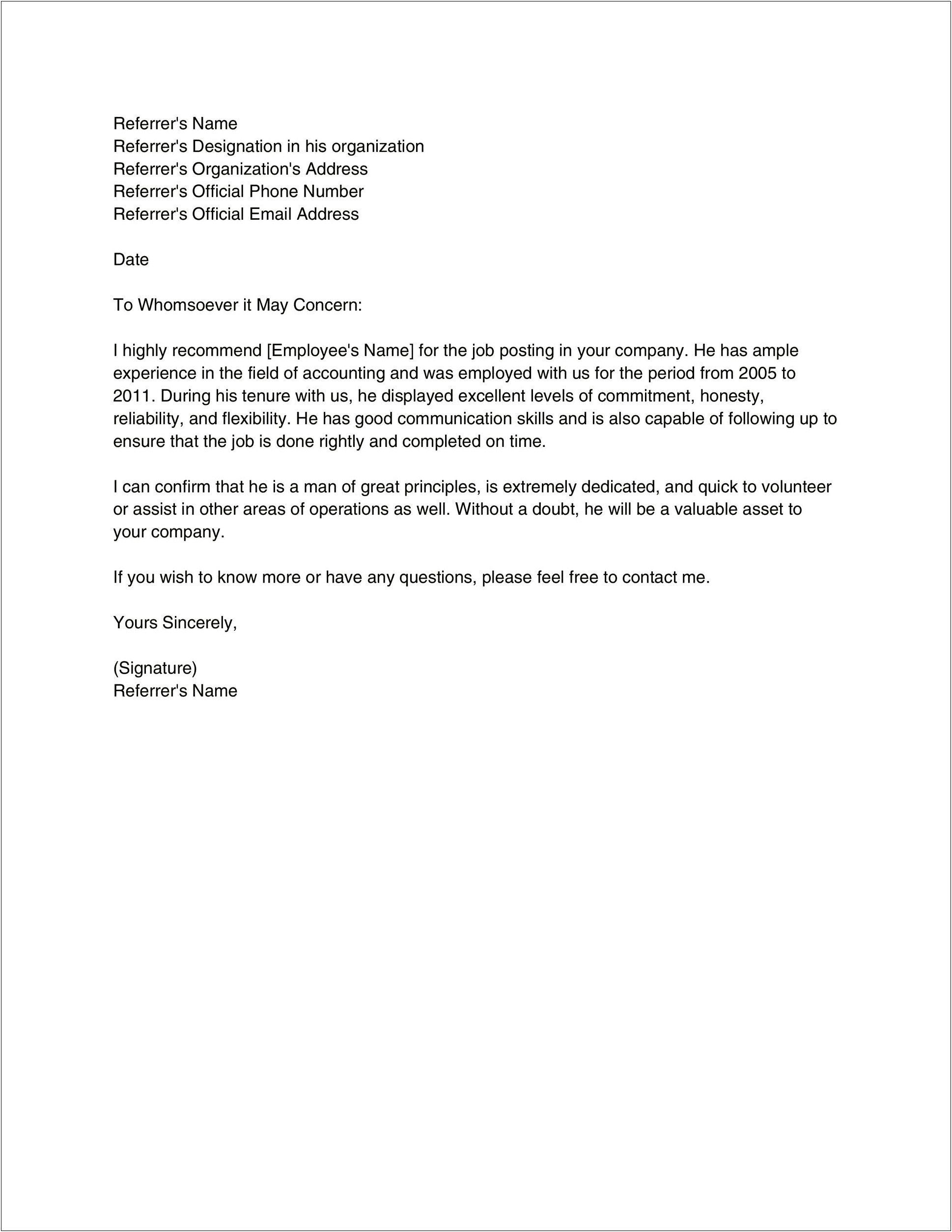 Character Reference Letter Template For Employee