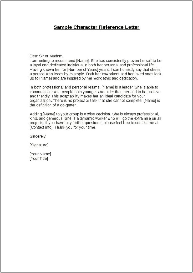 Character Reference Letter Template For Employment